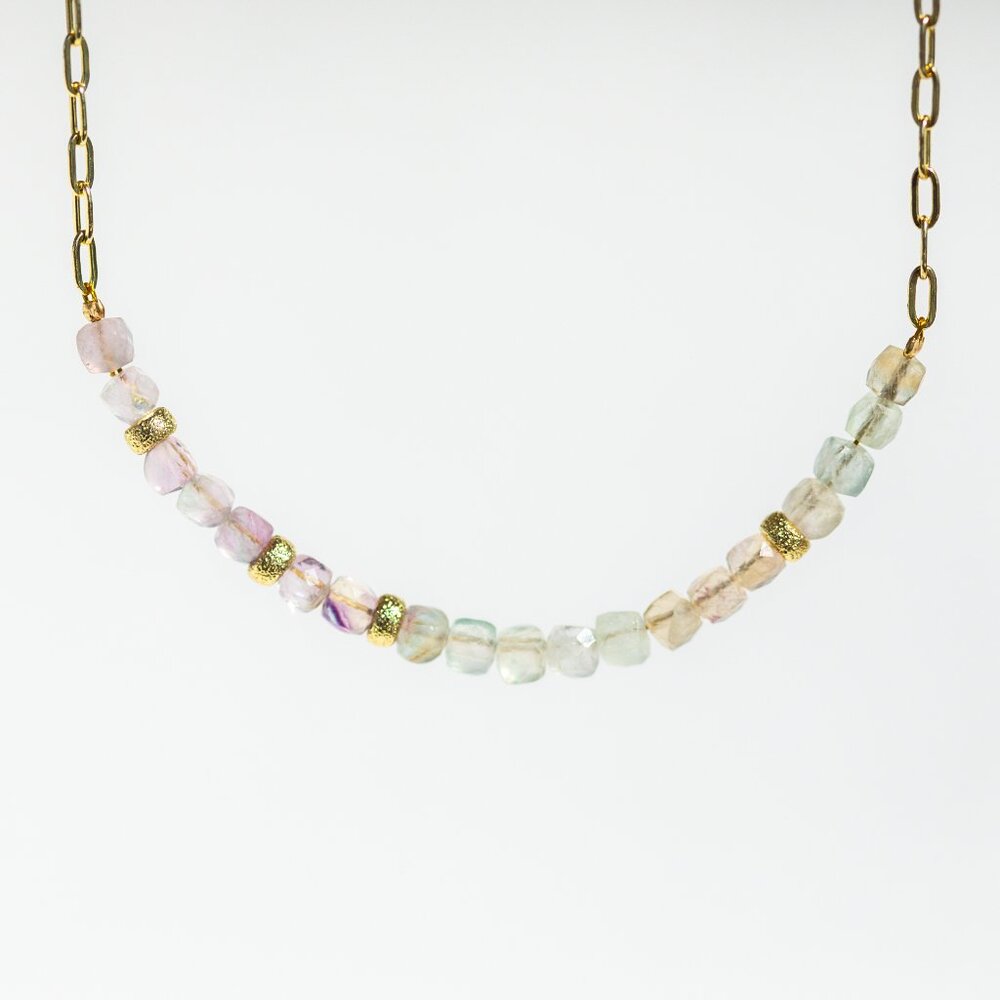 Pastel Gemstone Beaded Necklace Gold Paperclip Chain Waterproof Fluorite Crystal - Picture 9 of 13